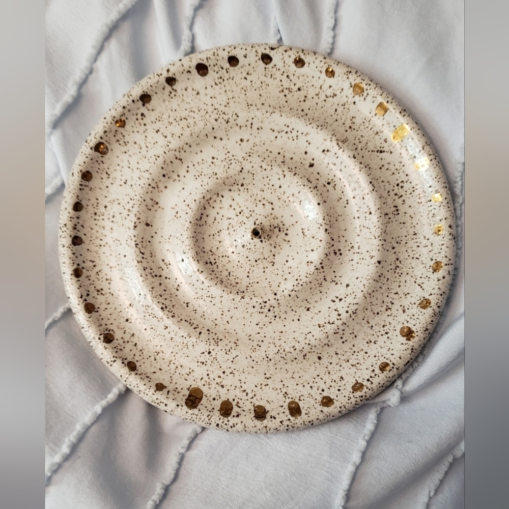 Speckled Water Drop Pattern Ceramic Inscense Plate Cream And Brown With Gold